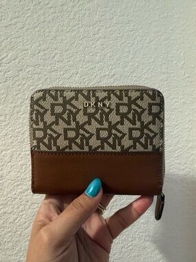 DKNY Brown and Beige Monogram Zip Wallet